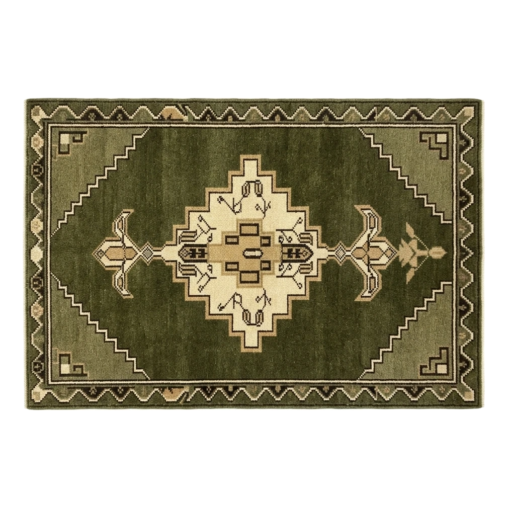 Olive Green Tribal Medallion Hand-Knotted Rug with Camel Accents - alternate view