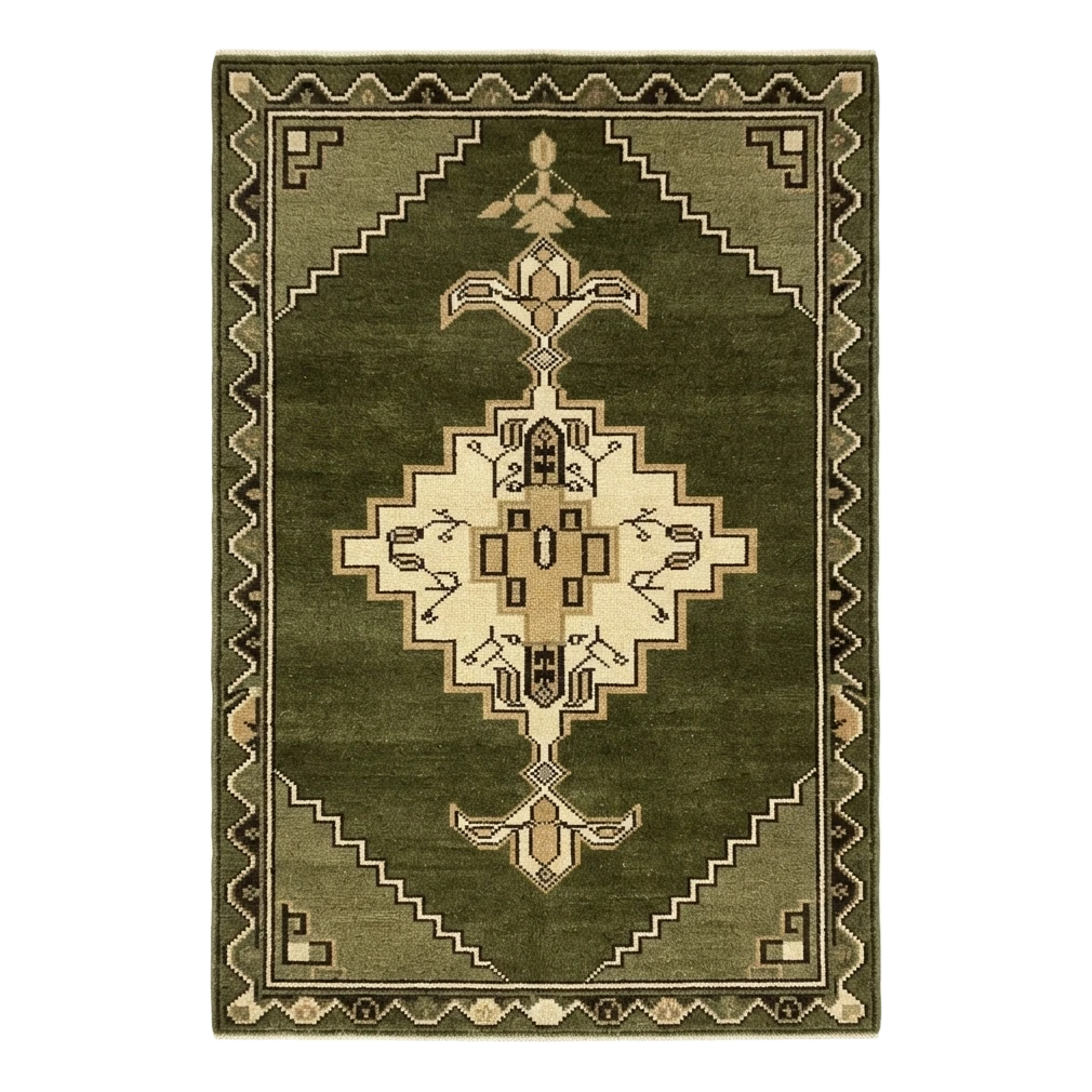 Olive Green Tribal Medallion Hand-Knotted Rug with Camel Accents