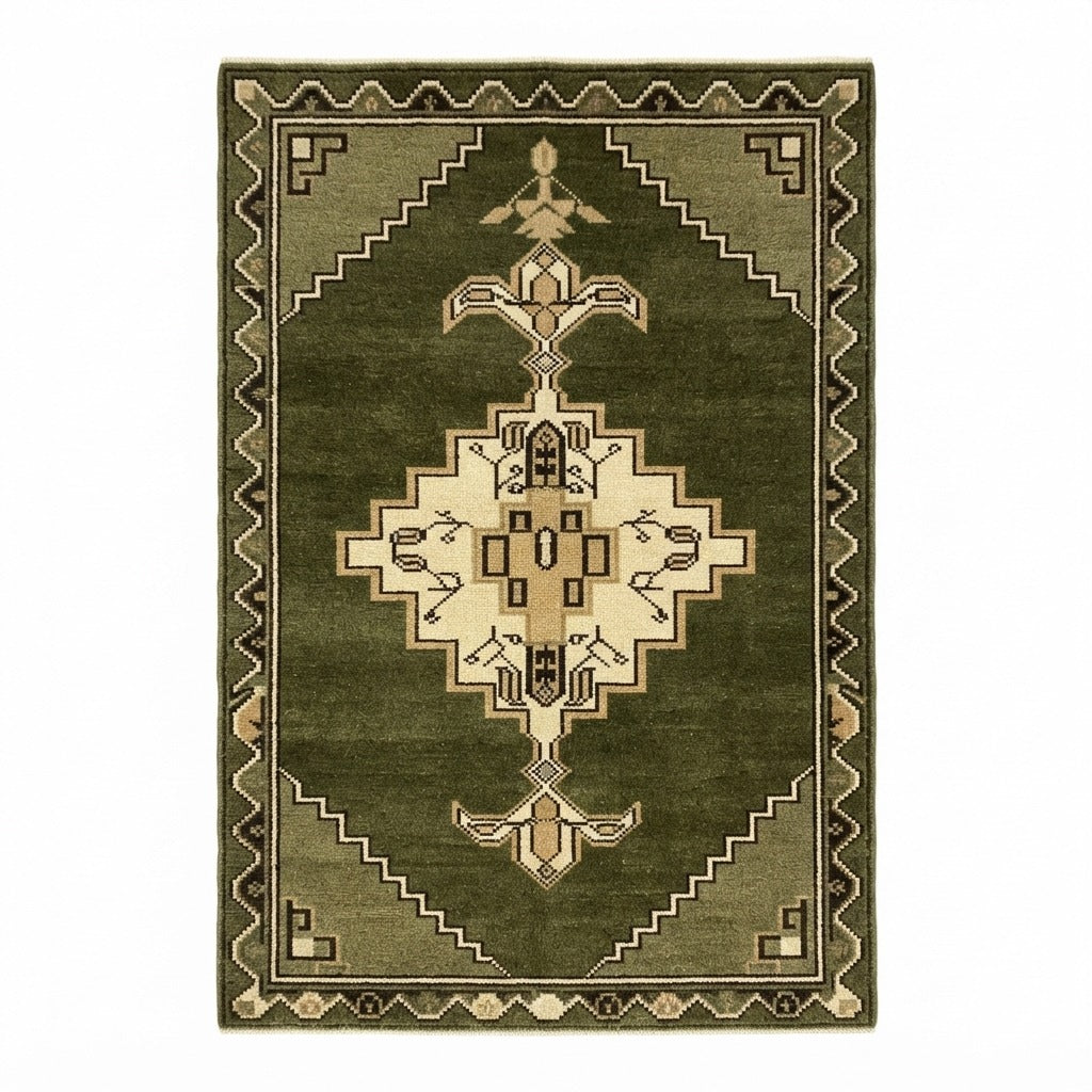 Olive Green Tribal Medallion Hand-Knotted Rug with Camel Accents - studio photo