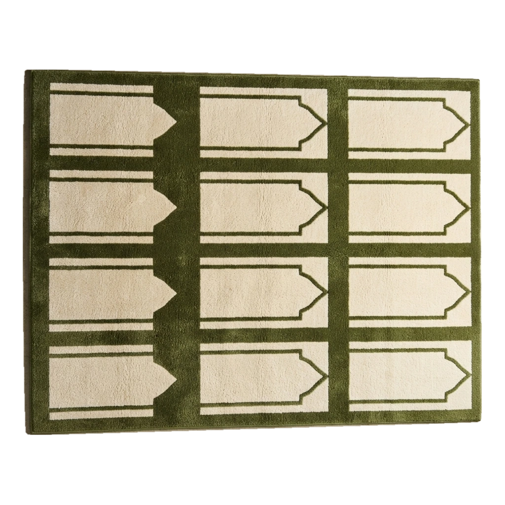 Olive Green and Cream Hand-Tufted Rug with Arched Mihrab Panels - alternate view