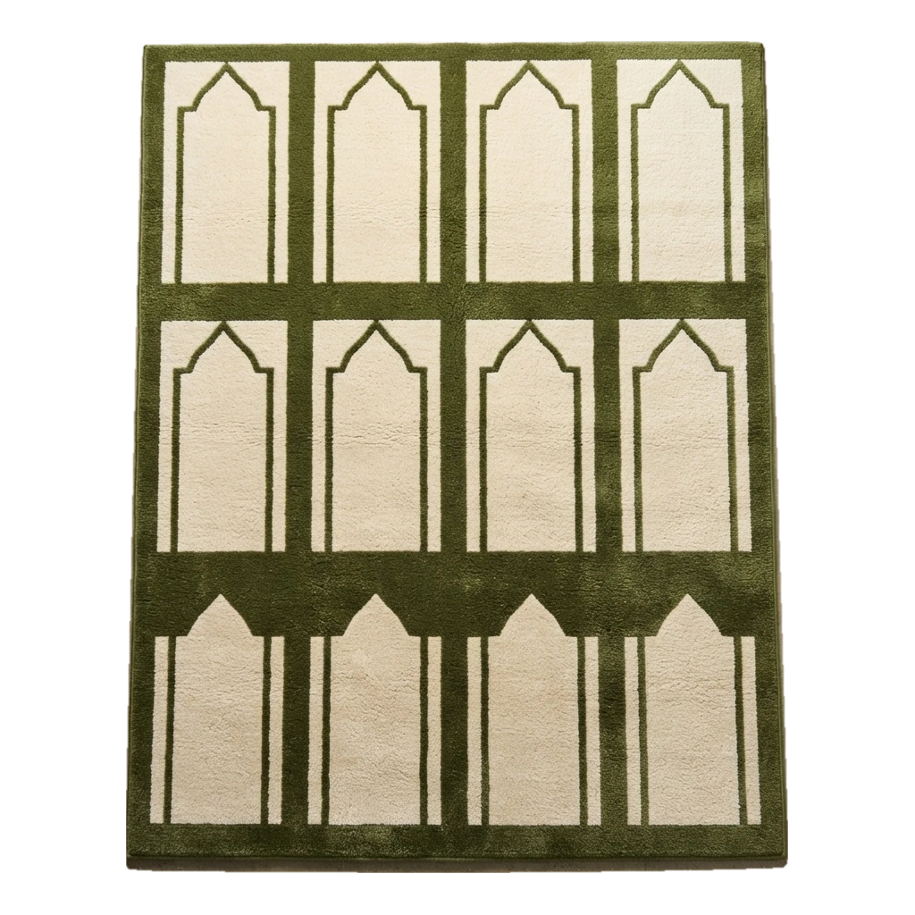 Olive Green and Cream Hand-Tufted Rug with Arched Mihrab Panels