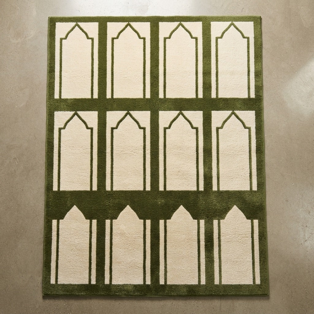 Olive Green and Cream Hand-Tufted Rug with Arched Mihrab Panels - studio photo