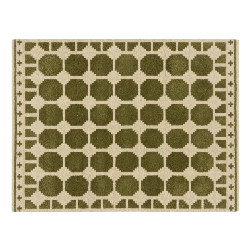 Olive Green and Cream Octagon Tile Hand-Tufted Rug - alternate view