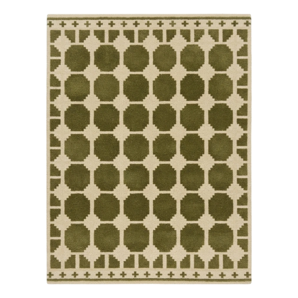 Olive Green and Cream Octagon Tile Hand-Tufted Rug