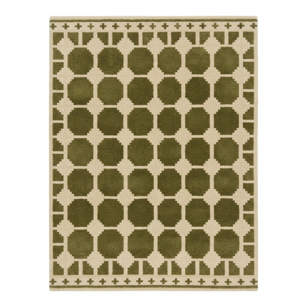 Olive Green and Cream Octagon Tile Hand-Tufted Rug - studio photo