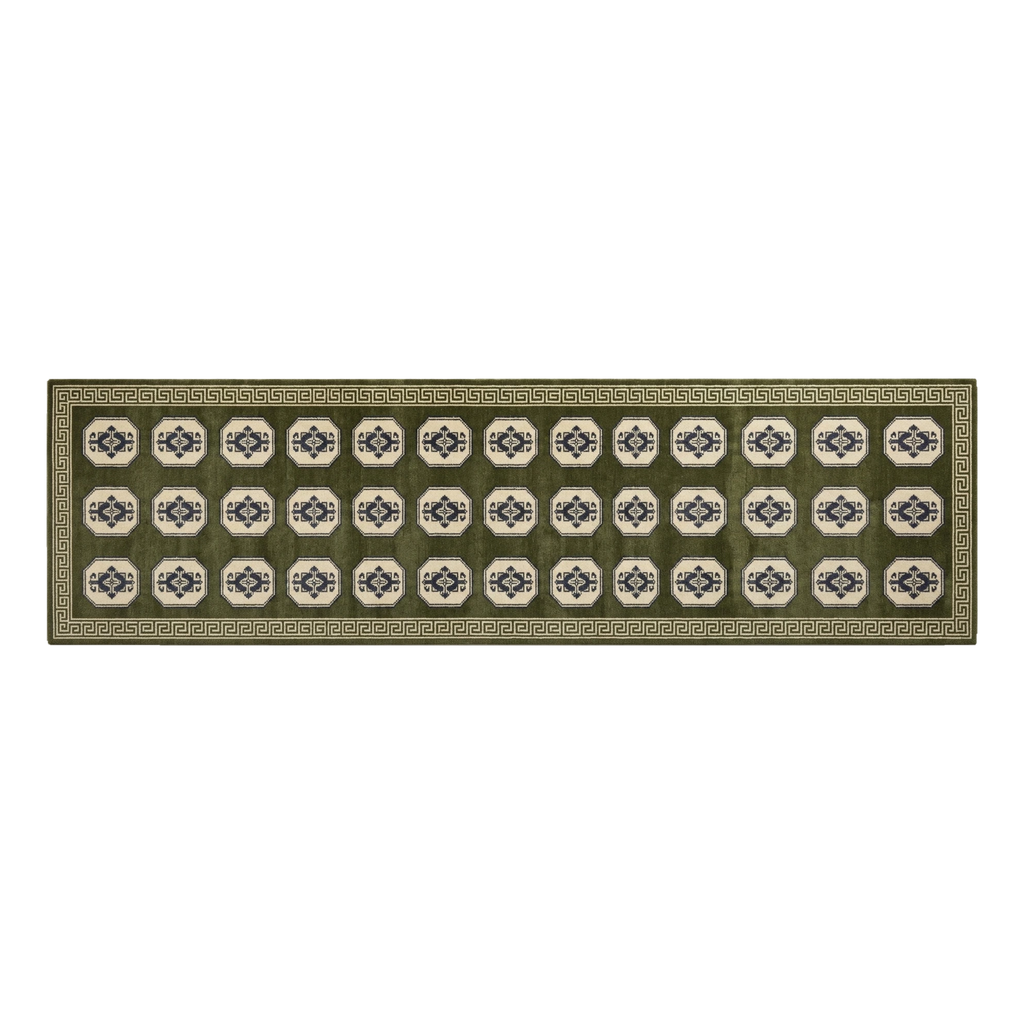 Olive Green and Ivory Octagon Grid Hand-Tufted Runner with Sand Border - alternate view