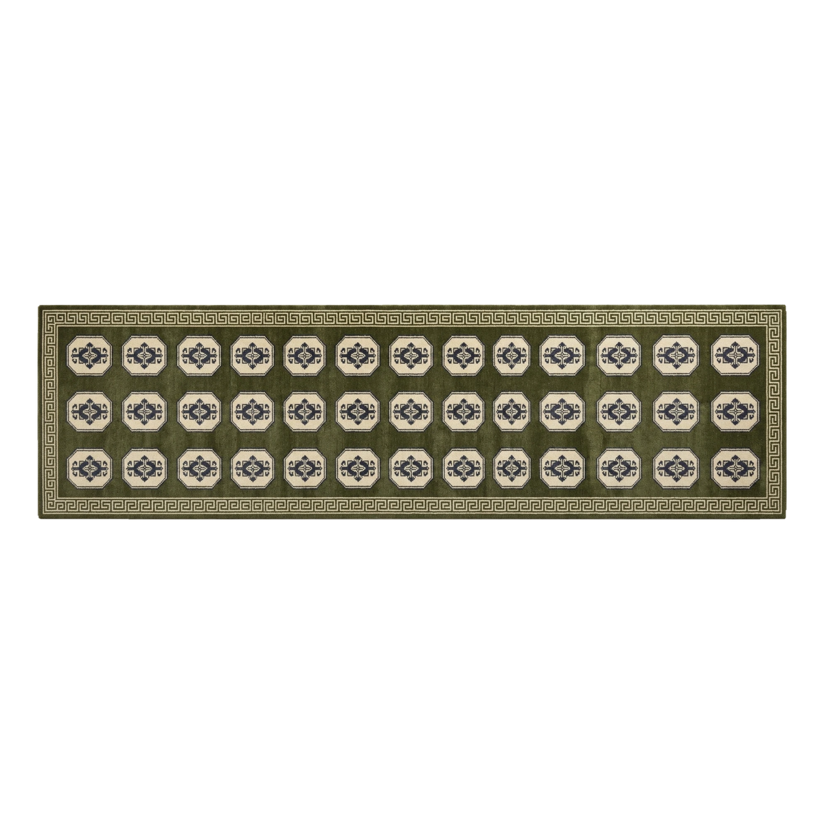 Olive Green and Ivory Octagon Grid Hand-Tufted Runner with Sand Border - alternate view