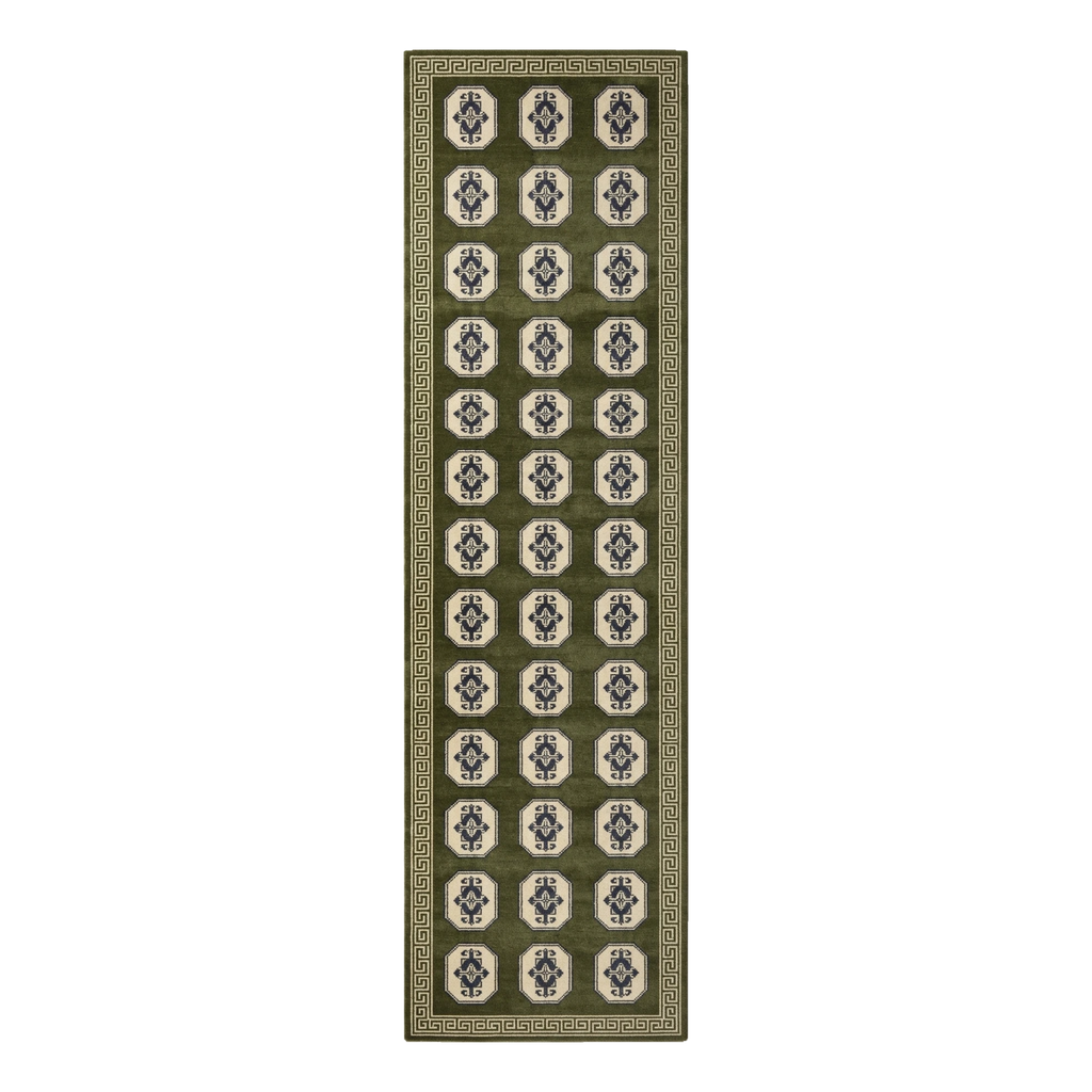 Olive Green and Ivory Octagon Grid Hand-Tufted Runner with Sand Border
