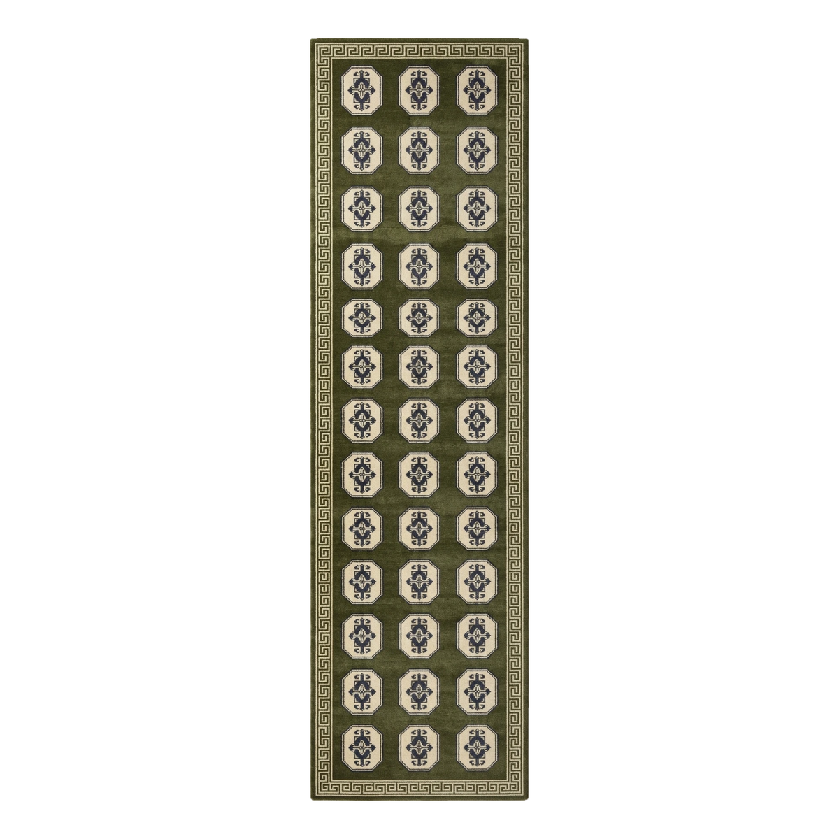 Olive Green and Ivory Octagon Grid Hand-Tufted Runner with Sand Border