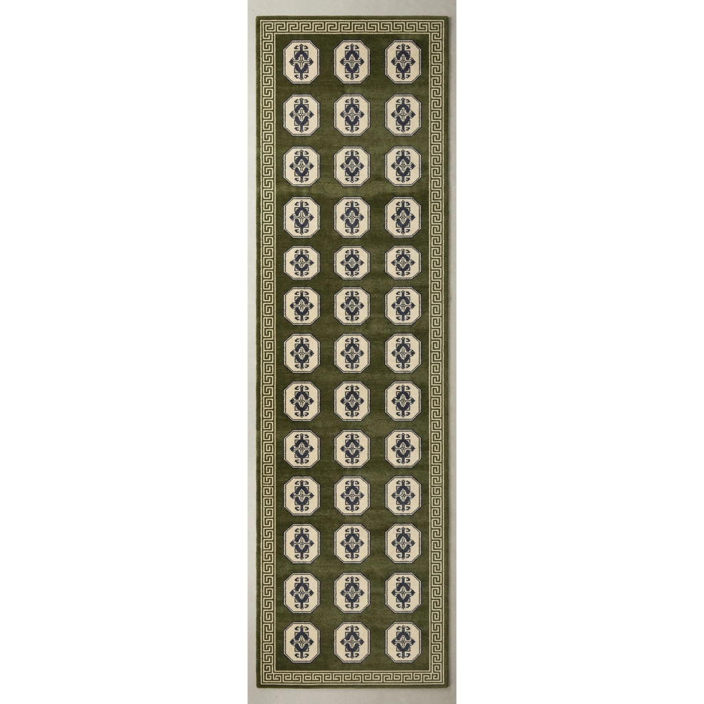 Olive Green and Ivory Octagon Grid Hand-Tufted Runner with Sand Border - studio photo