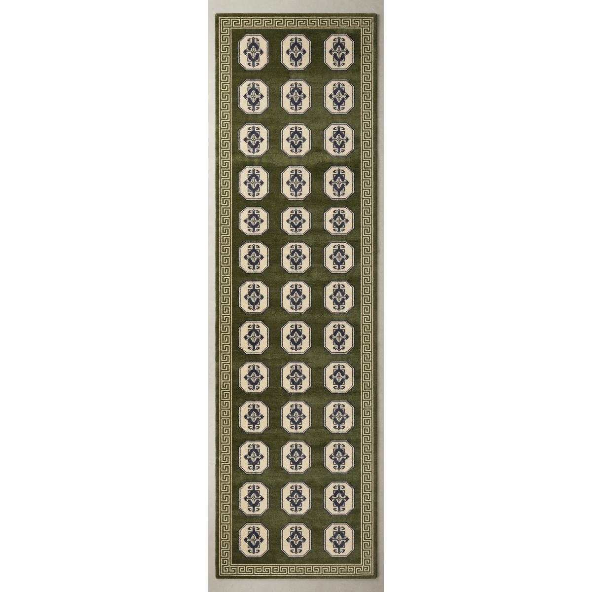 Olive Green and Ivory Octagon Grid Hand-Tufted Runner with Sand Border - studio photo