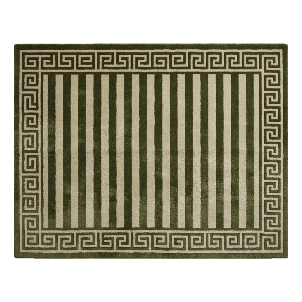 Olive Green and Ivory Striped Hand-Tufted Rug with Greek Key Border - alternate view