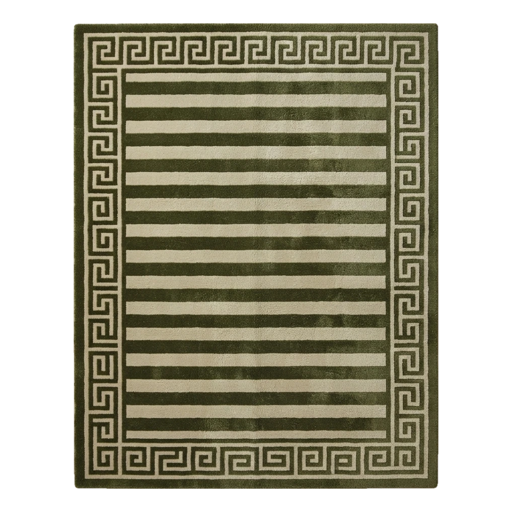 Olive Green and Ivory Striped Hand-Tufted Rug with Greek Key Border