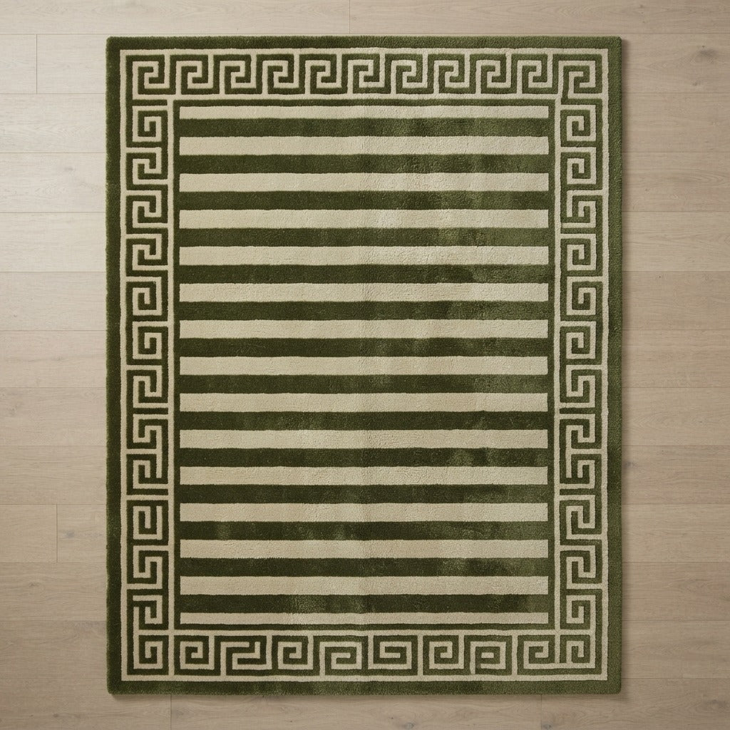 Olive Green and Ivory Striped Hand-Tufted Rug with Greek Key Border - studio photo