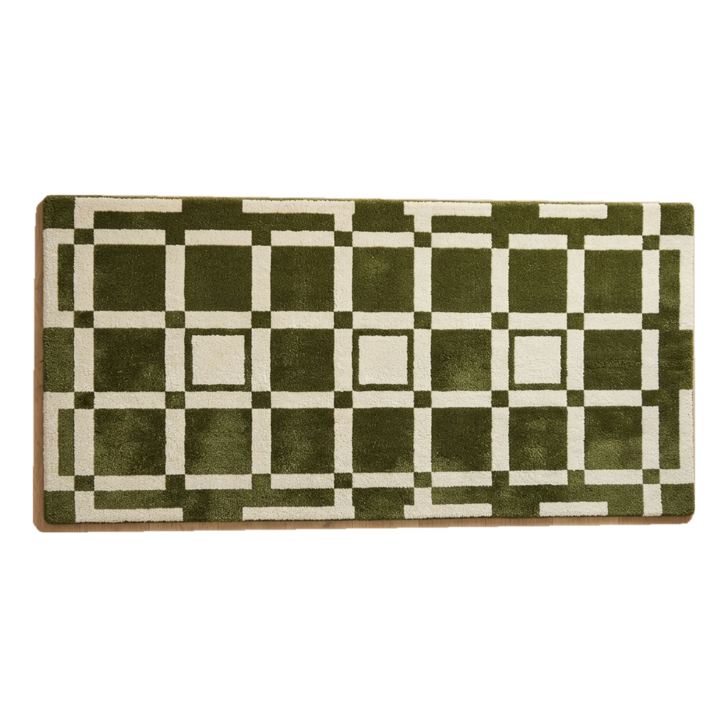 Olive Green and Ivory Windowpane Grid Hand-Tufted Runner - alternate view