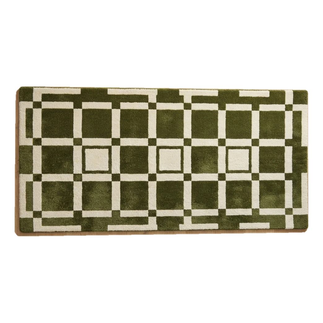 Olive Green and Ivory Windowpane Grid Hand-Tufted Runner - alternate view