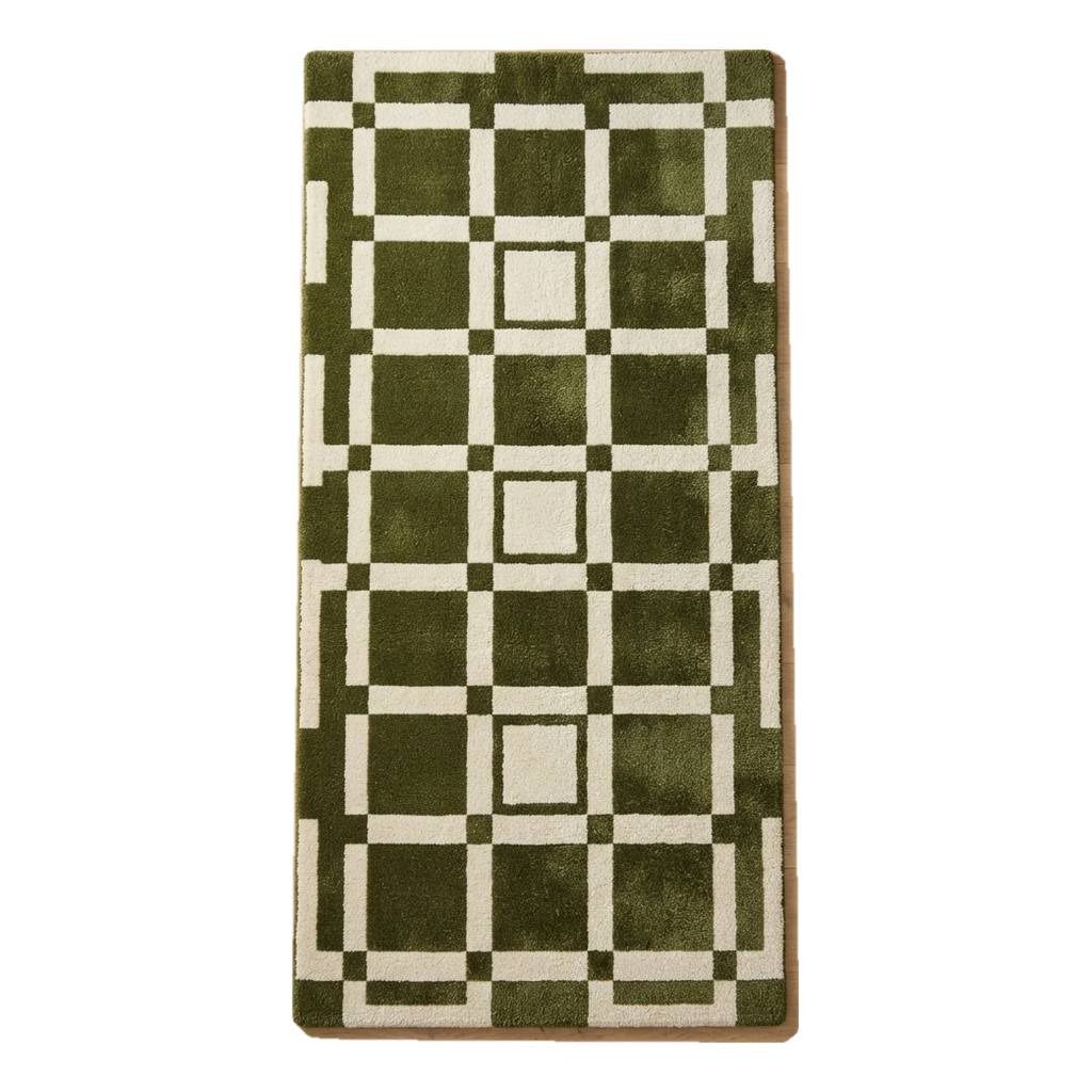 Olive Green and Ivory Windowpane Grid Hand-Tufted Runner