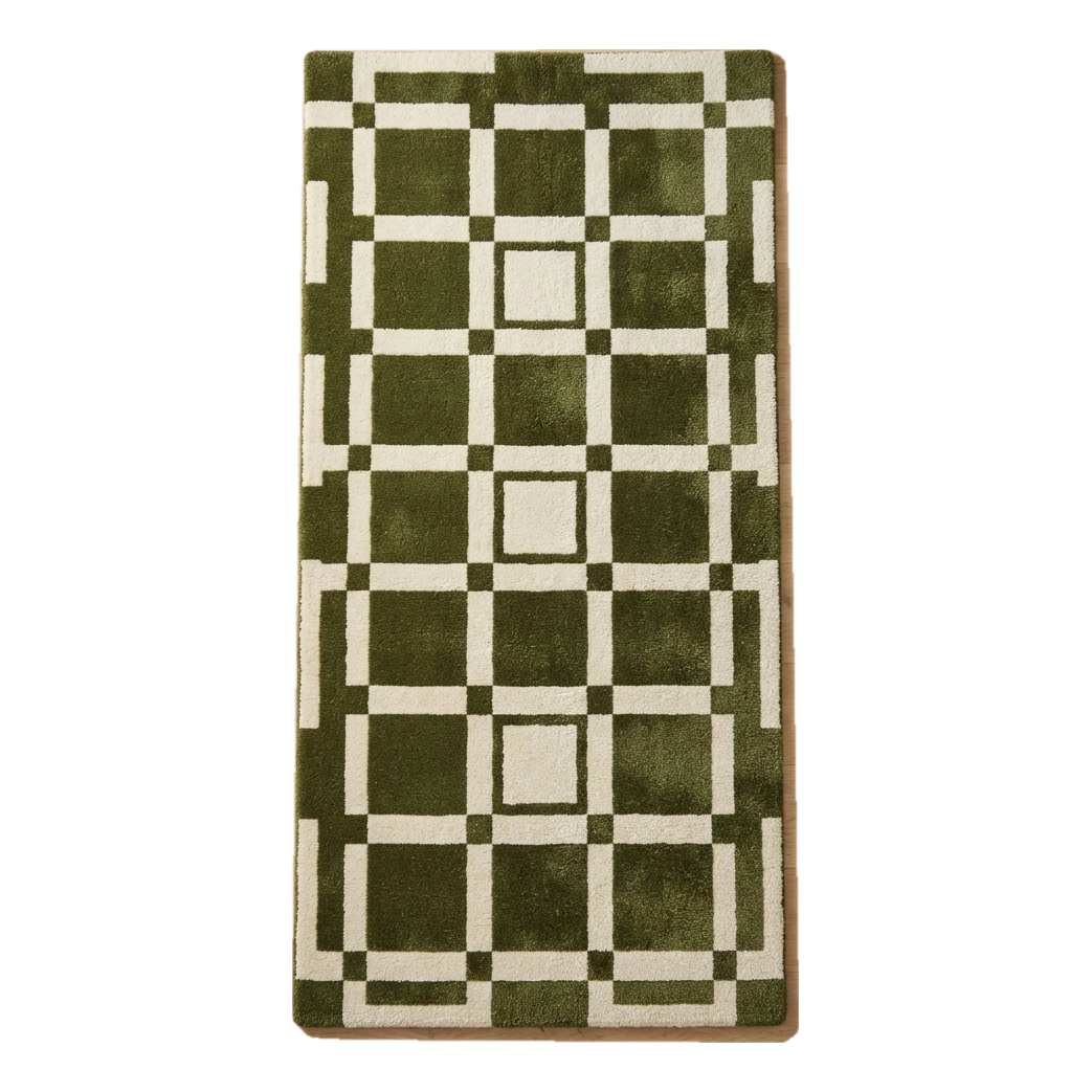 Olive Green and Ivory Windowpane Grid Hand-Tufted Runner