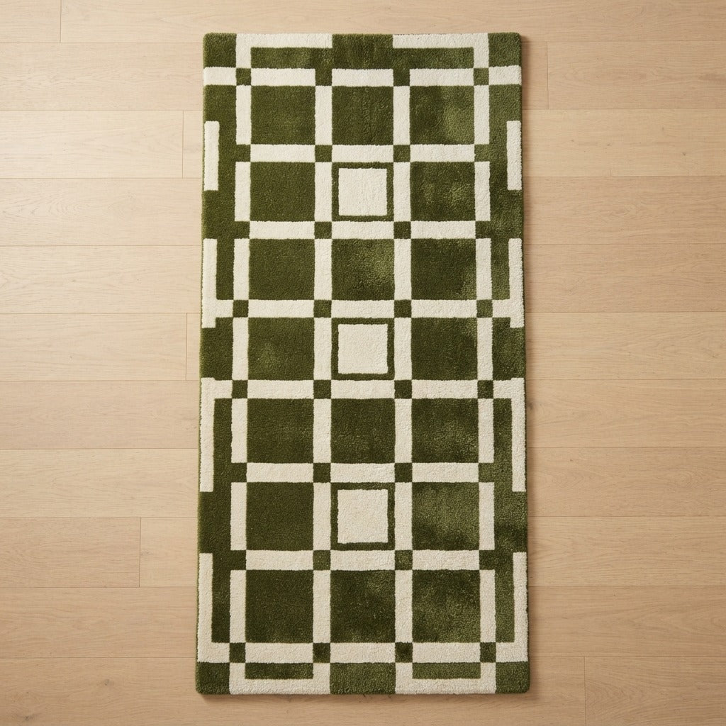 Olive Green and Ivory Windowpane Grid Hand-Tufted Runner - studio photo