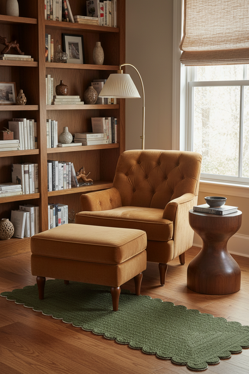 A warm mustard-yellow tufted armchair with a matching ottoman in a styled reading room with a wooden bookshelf, window, floor lamp, and green scalloped rug.
