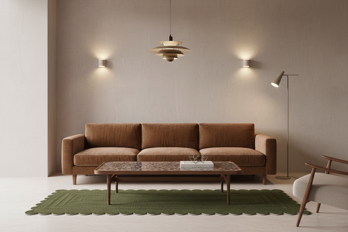 A modern living room scene featuring a brown fabric sofa as the main product, styled with a green scalloped area rug, a marble-top coffee table, a floor lamp, and a pendant light against a textured beige wall.