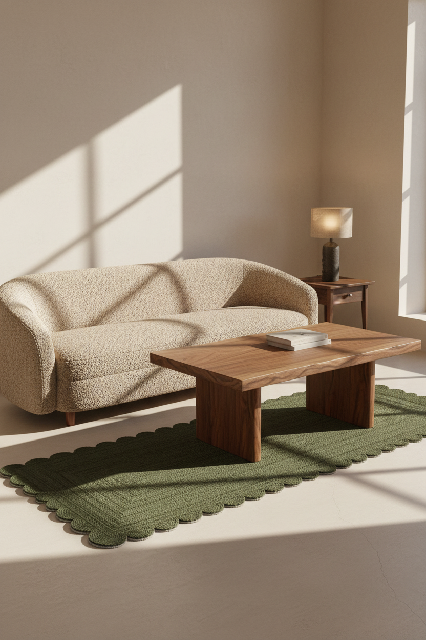 A modern living room scene with a beige bouclé sofa, a wooden coffee table, an olive green scalloped rug, and a lit table lamp on a side table against a warm beige wall with sunlight shadows.