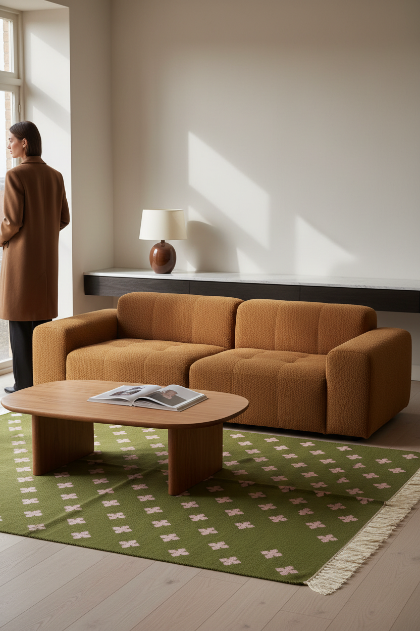 A modern living room scene featuring a textured mustard-orange sectional sofa, a light wood coffee table, a green patterned rug, and a person in a brown coat standing near a window.