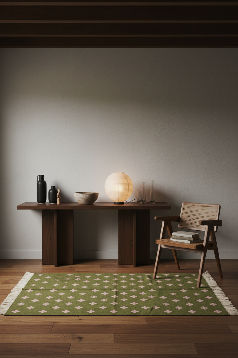A styled interior scene with a green patterned area rug on a wood floor, a dark wood console table, a lit spherical table lamp, a woven-back chair, and a few decorative objects against a plain wall.