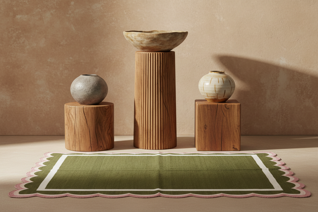 A styled interior scene with three wooden pedestal blocks holding ceramic vessels, including a tall ribbed cylinder with a bowl on top, flanked by two smaller wooden blocks with a gray vase and a cream patterned vase. In front is an olive green rectangular rug with scalloped pink and white edges, set against a warm beige textured wall and floor.