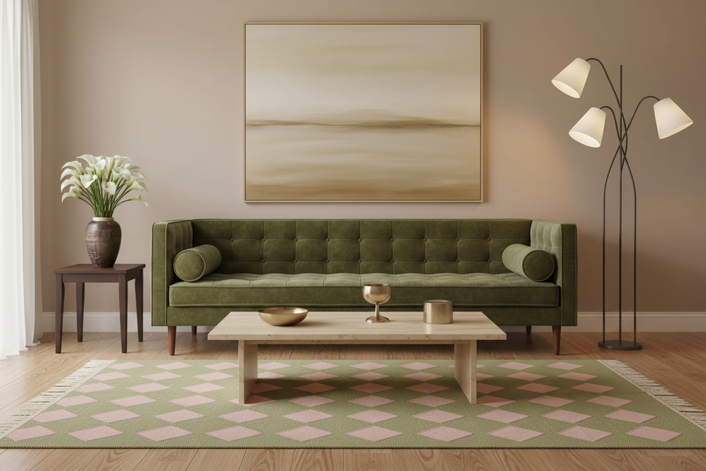 A styled living room scene featuring a green tufted sofa, a light wood coffee table, a green and pink diamond-patterned rug, a black multi-arm floor lamp, and a large abstract landscape painting on the beige wall.