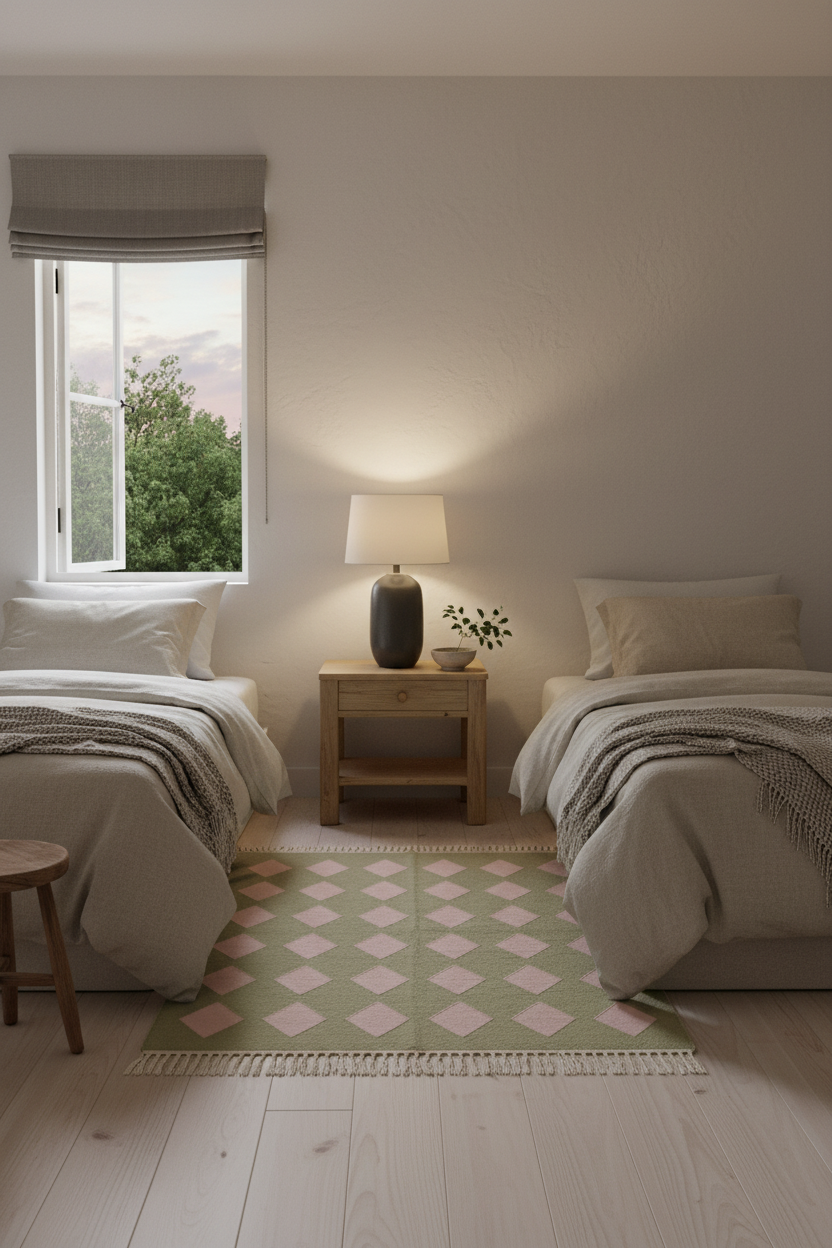 A styled bedroom interior with two single beds, neutral bedding, a wooden nightstand, a lit table lamp, and a green and pink diamond-patterned rug on a light wood floor.