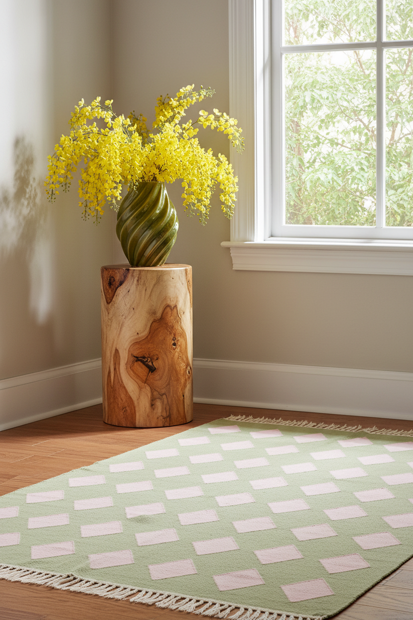 A sage green and light pink checkered area rug with white fringe, styled in a bright room next to a window with a wooden side table holding a green striped vase with yellow flowers.