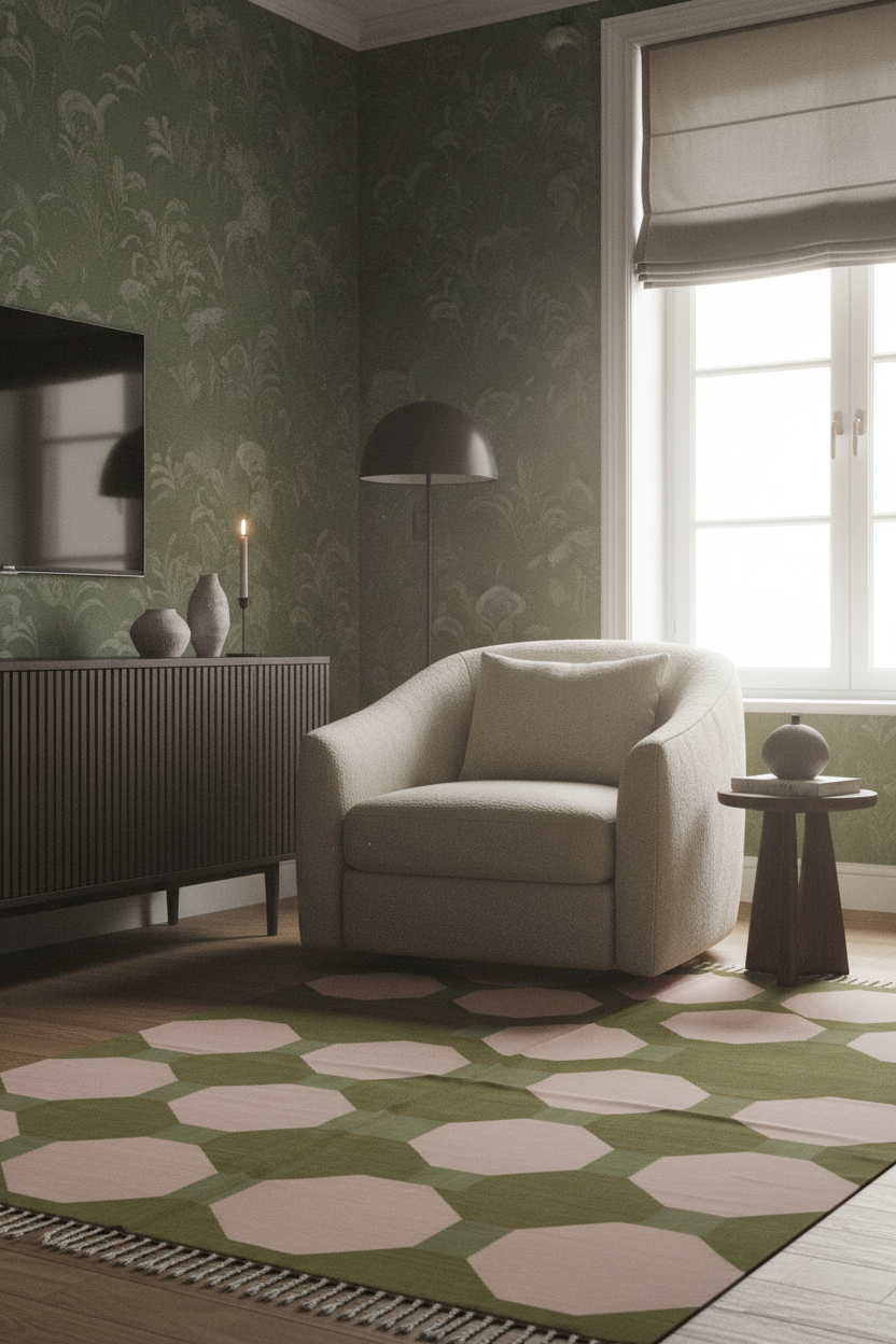 A styled living room scene featuring a beige armchair, a dark wood sideboard, a patterned green and beige rug, and wallpapered walls.