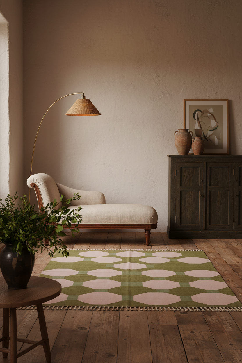 A styled interior scene with a cream chaise lounge, floor lamp, dark wood cabinet, framed art, and a patterned area rug on a wooden floor. A potted plant sits in the foreground on a round table.