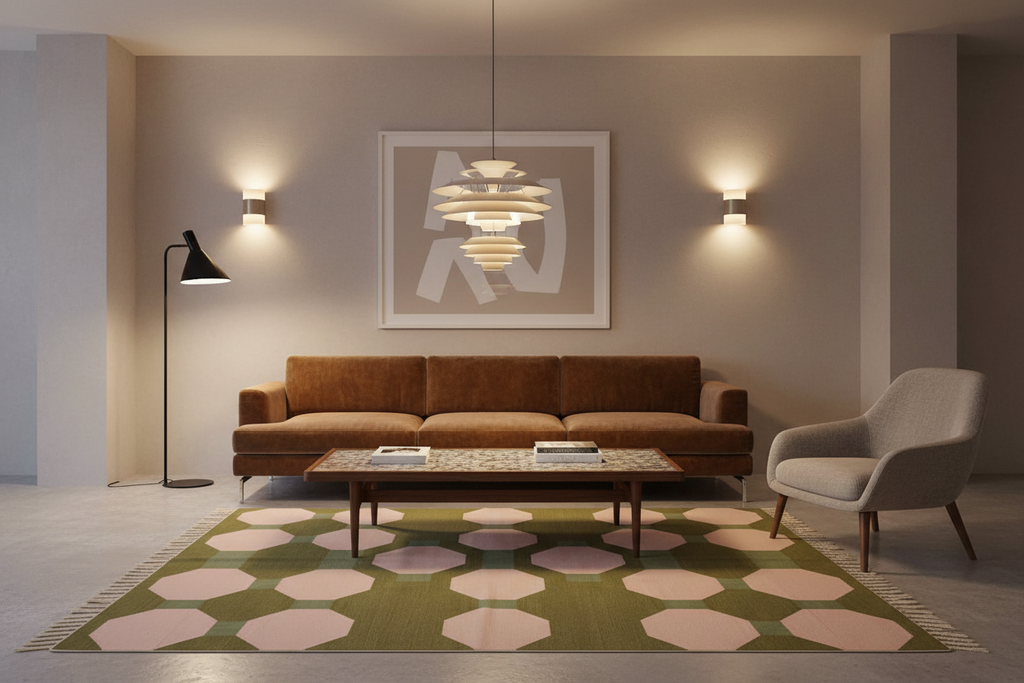 A modern living room featuring a brown leather sofa, a geometric green and pink patterned area rug, a matching wooden coffee table, and a light gray armchair, all arranged in front of a beige wall with a framed abstract print and wall sconces.