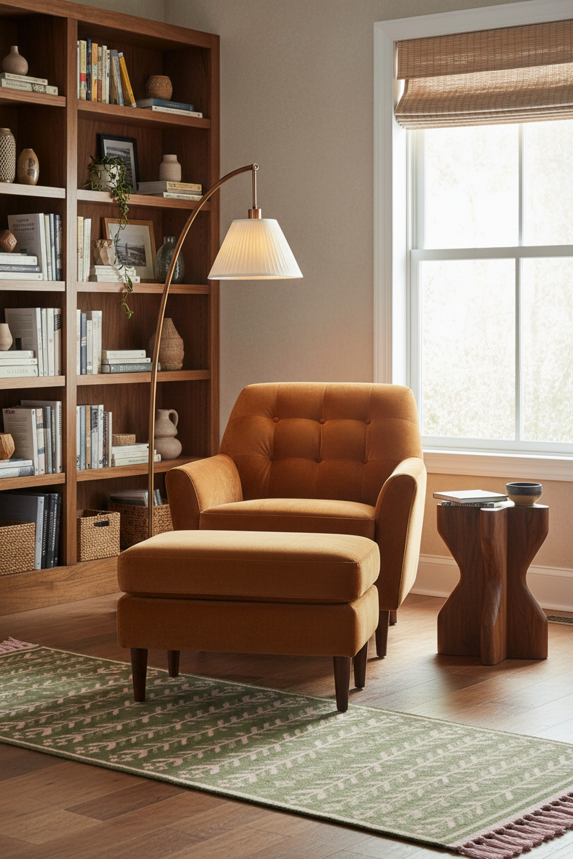 A warm orange-brown tufted armchair with matching ottoman in a styled living room setting, featuring a wooden floor lamp, bookshelves, a window with a bamboo roller shade, and a green patterned rug.