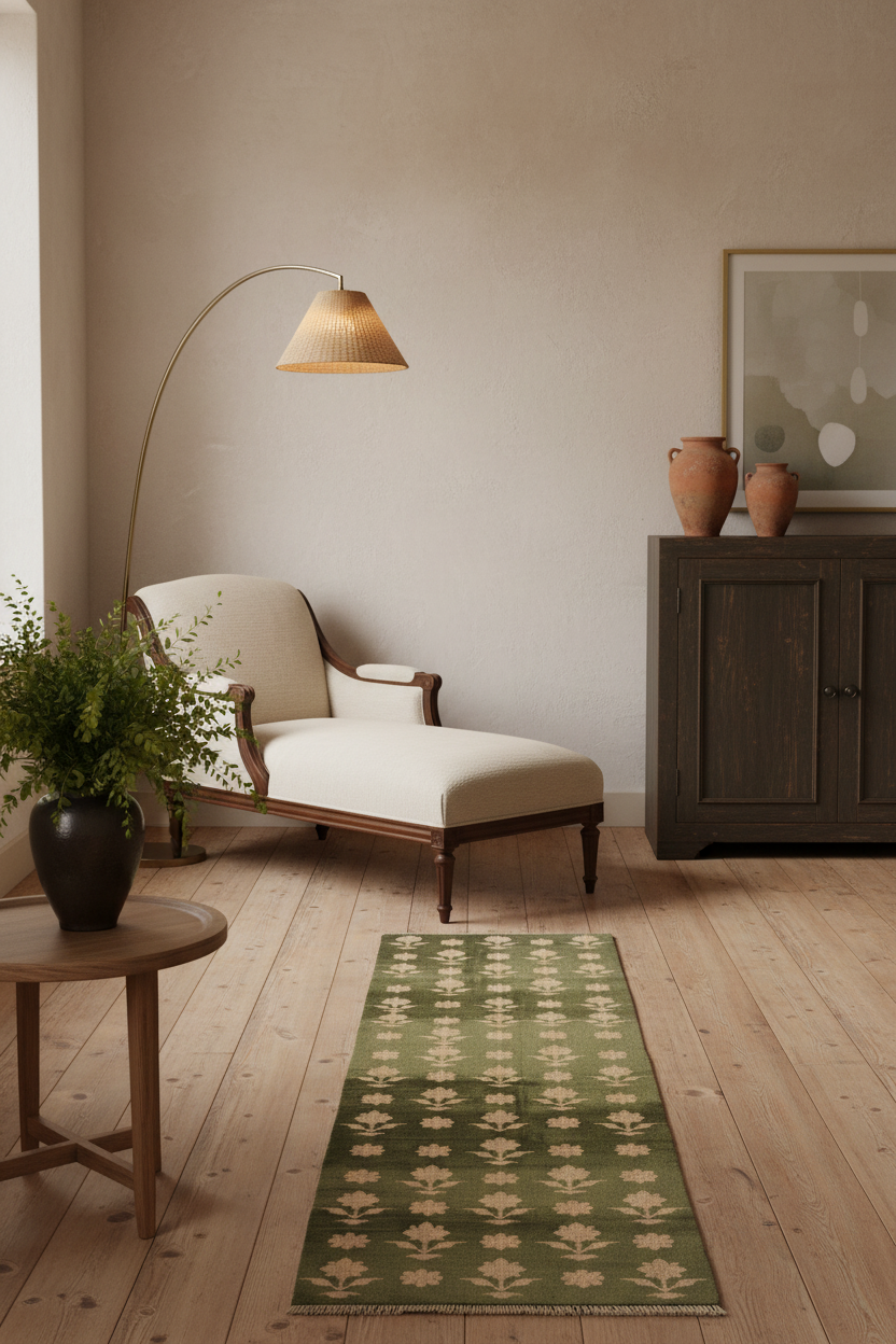 A green runner rug with a beige floral pattern is styled in a warm, modern living room setting with a cream chaise lounge, wooden floor, and a dark wood cabinet.
