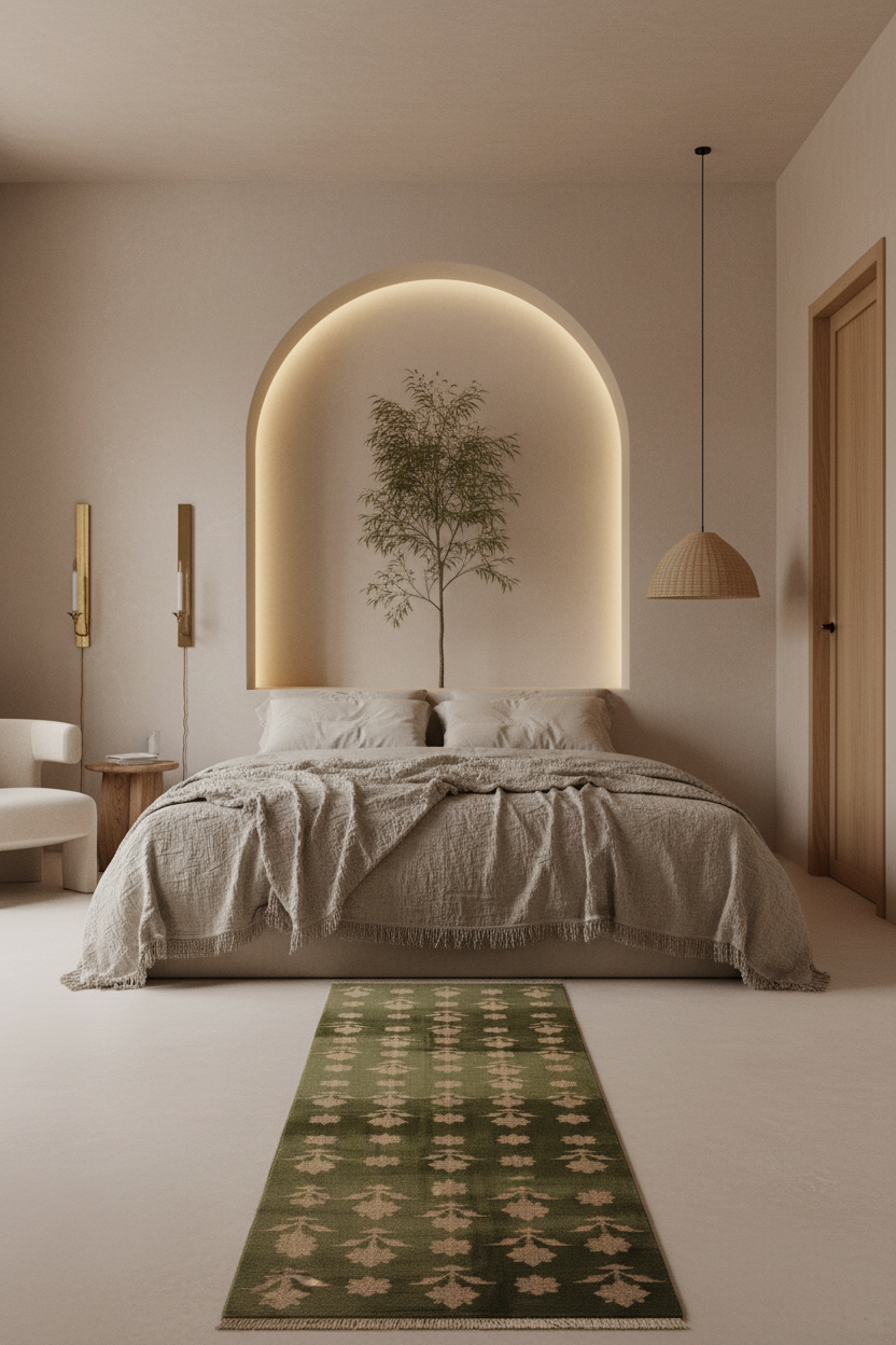 A styled bedroom interior with a bed dressed in neutral beige textiles, a green patterned runner rug in front, warm ambient lighting in an arched wall niche, and a small potted tree centered above the bed.