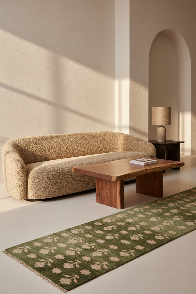 A modern living room scene featuring a curved beige boucle sofa, a wooden coffee table, a green runner rug with a beige floral pattern, and a lit table lamp in a minimalist arched room.