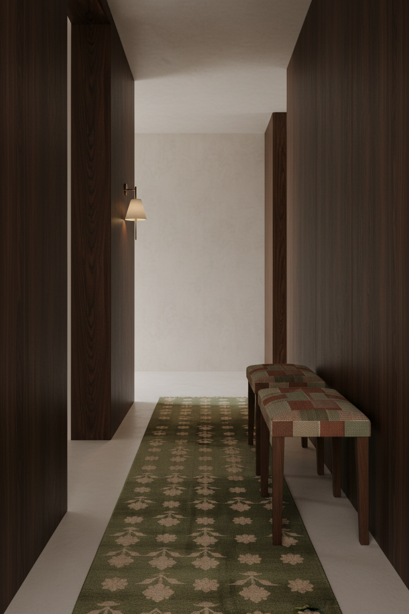 A narrow hallway with dark wood paneling on both sides, a green patterned runner rug, two matching upholstered wooden benches, and a wall-mounted lamp.