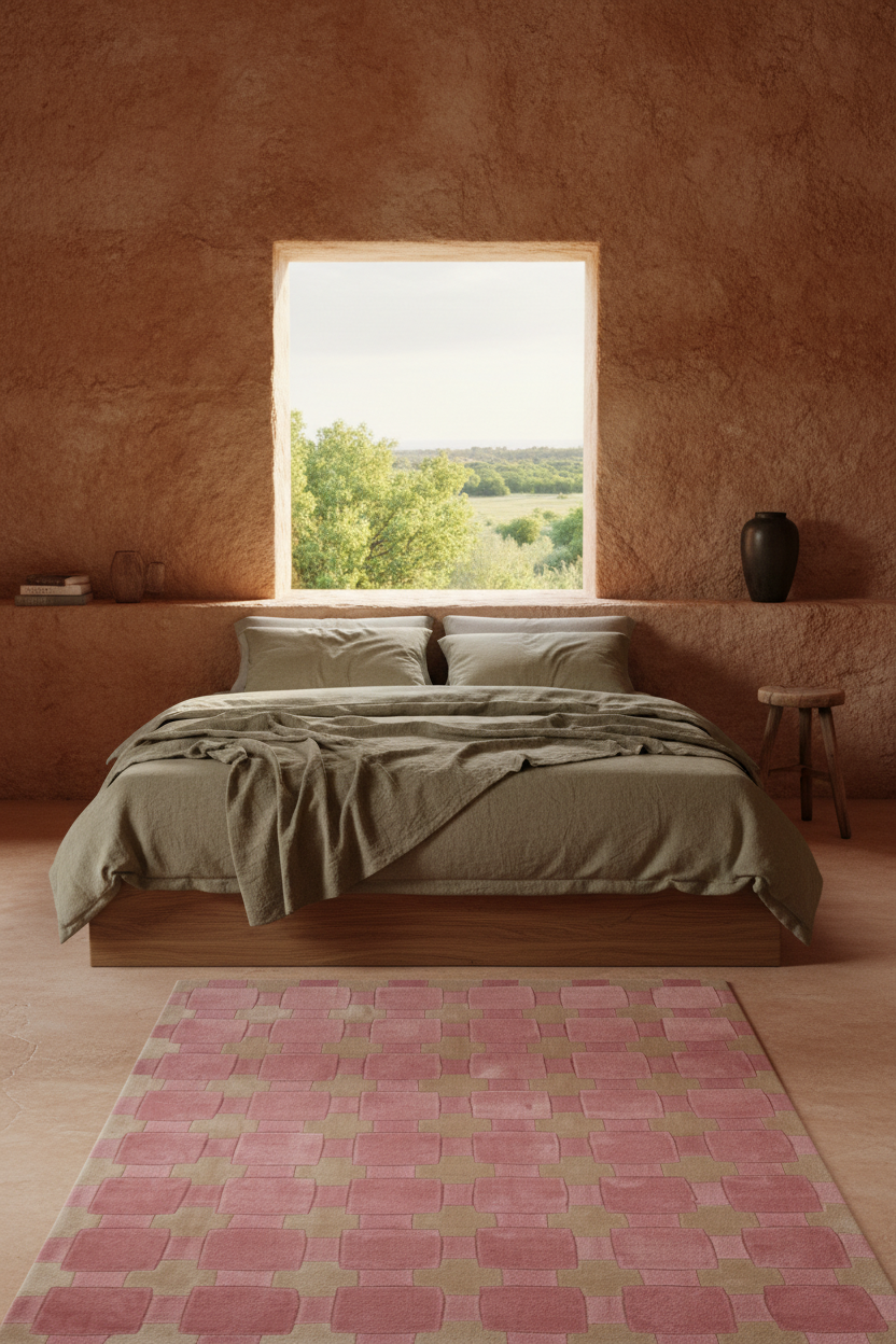 A styled bedroom interior with a low wooden platform bed dressed in muted sage-green bedding, set against warm terracotta plaster walls. A rectangular window above the bed shows green trees outside.