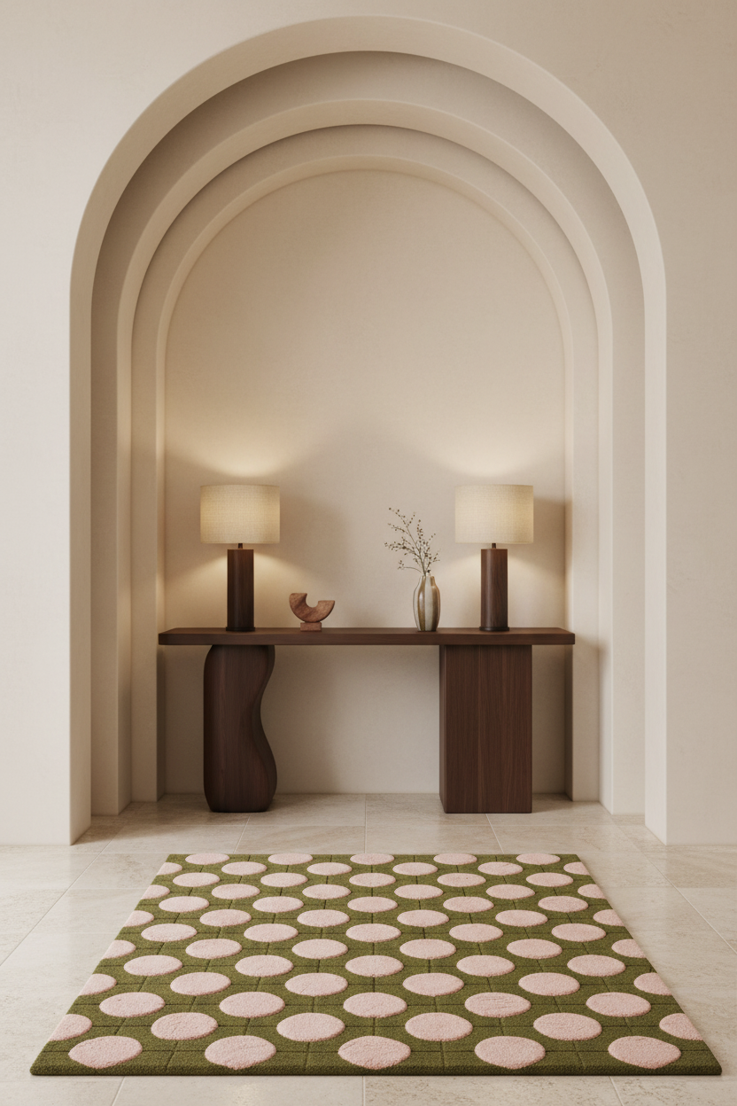 A styled interior scene with a green area rug featuring a pink circular dot pattern on the floor in front of a wooden console table with two lit table lamps and a small vase, set within a beige arched alcove.