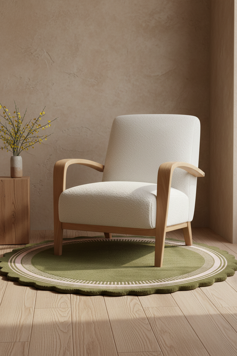 A modern armchair with textured off-white upholstery and light wood arms and legs, placed on a round green rug in a warm, minimalist room with a textured beige wall and wood floor.