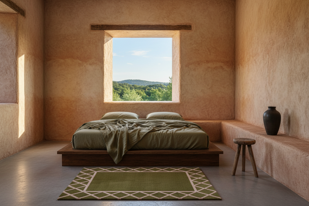 A rustic, minimalist bedroom with textured stucco walls in warm terracotta and beige tones. A low wooden platform bed with olive green bedding is centered beneath a square window showing a scenic landscape.