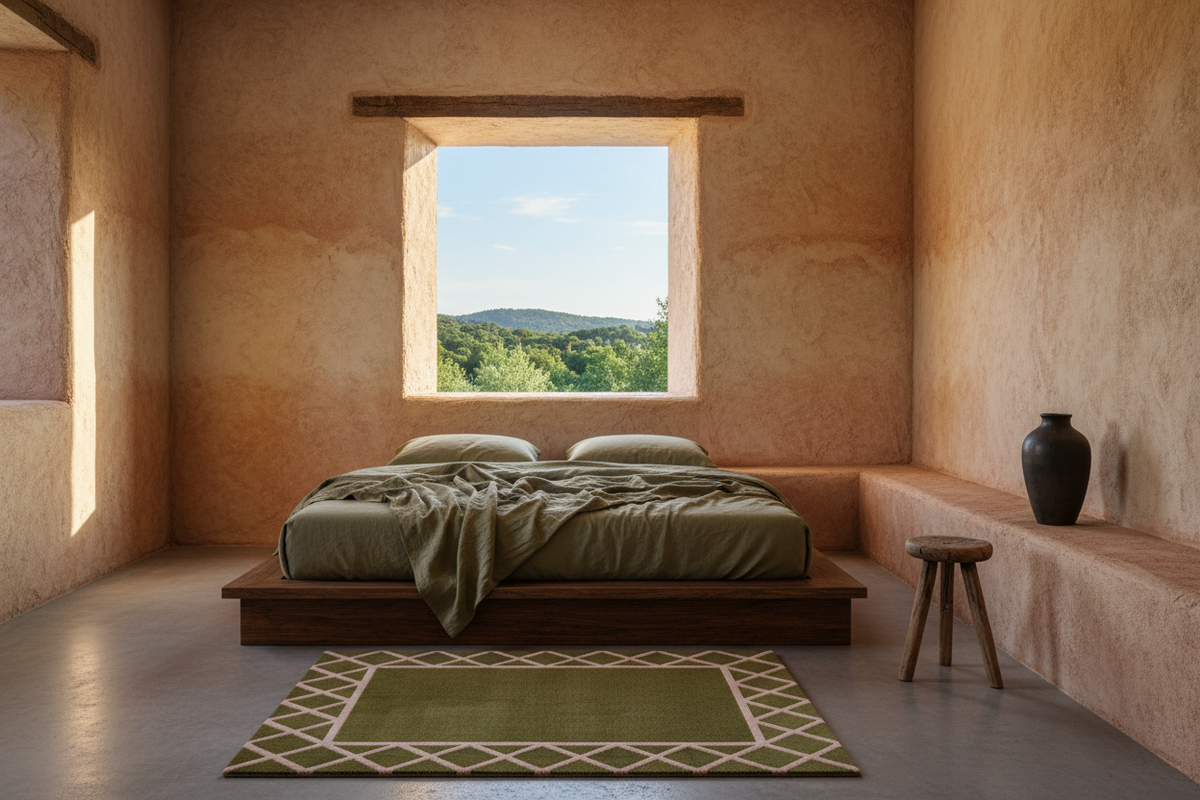 A rustic, minimalist bedroom with textured stucco walls in warm terracotta and beige tones. A low wooden platform bed with olive green bedding is centered beneath a square window showing a scenic landscape.