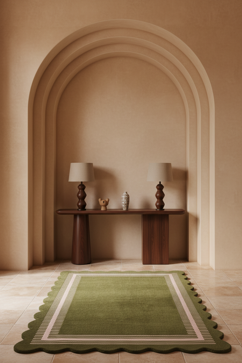 An olive green area rug with a scalloped edge and striped border, displayed on a tiled floor in front of a beige arched alcove with a wooden console table and two lamps.