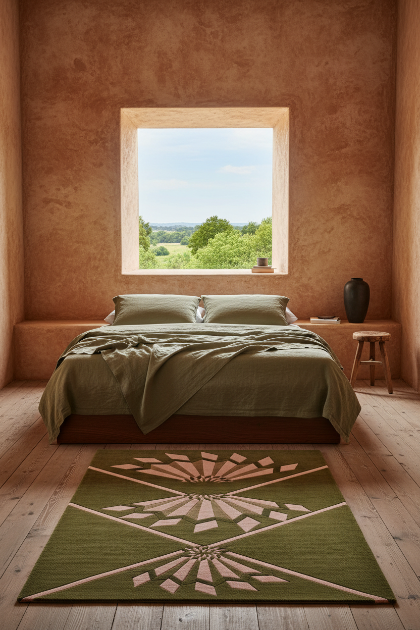 An olive green area rug with a beige geometric sunburst pattern is styled on a light wood floor in front of a bed with olive green bedding in a rustic, warm-toned bedroom.