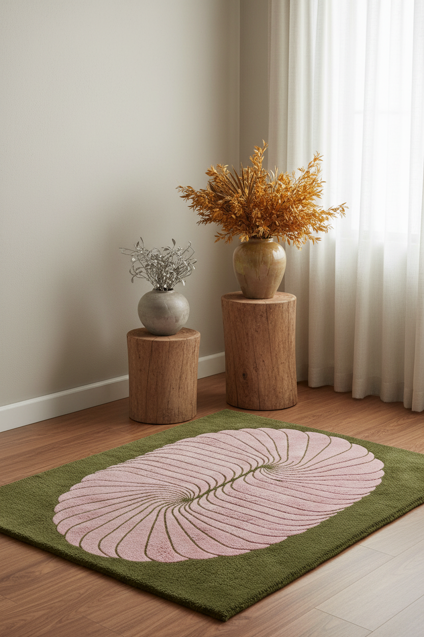 A green area rug with a large pink leaf pattern is styled on a wooden floor in a bright room, with dried flowers in ceramic vases on wooden stools in the background.