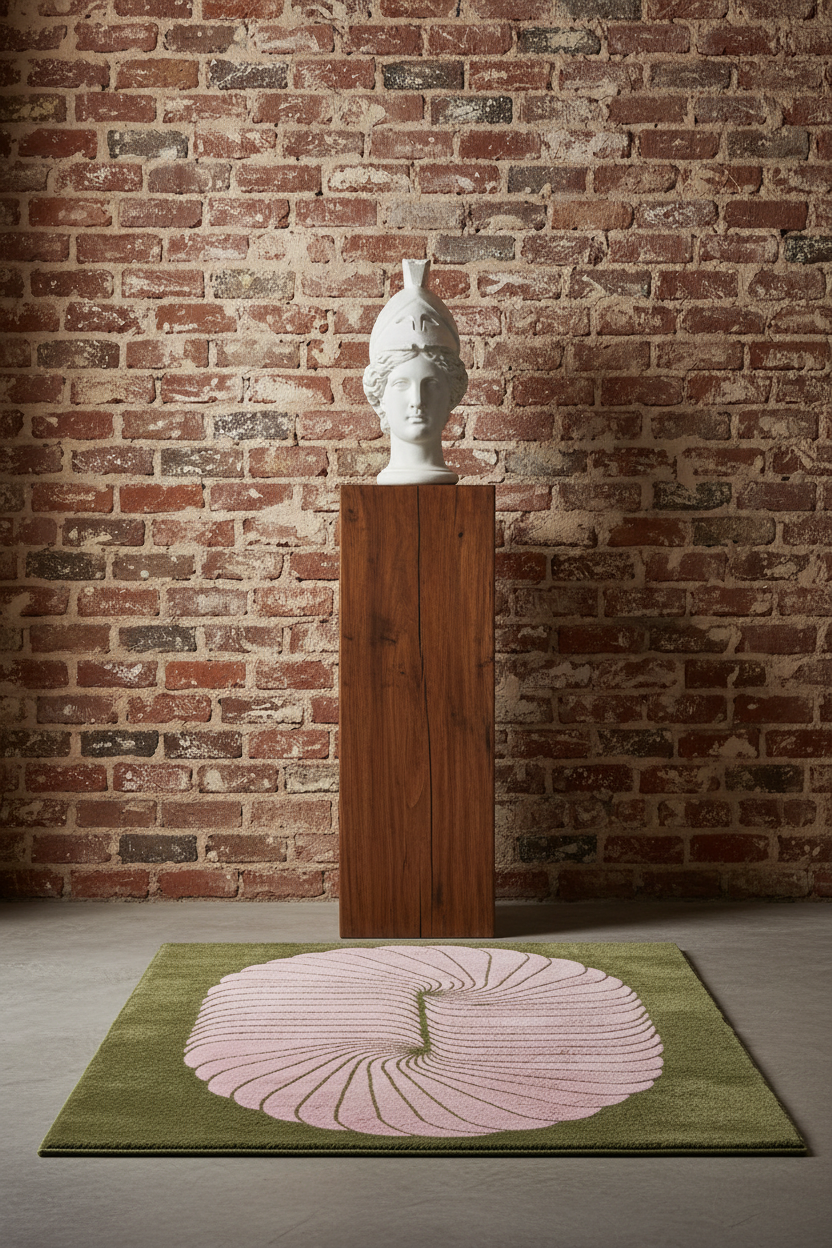 An olive green area rug with a large pale pink spiral shell-like pattern, displayed on a concrete floor in front of a rustic red-brown brick wall. A tall wooden pedestal holding a white ceramic bust stands in the background.