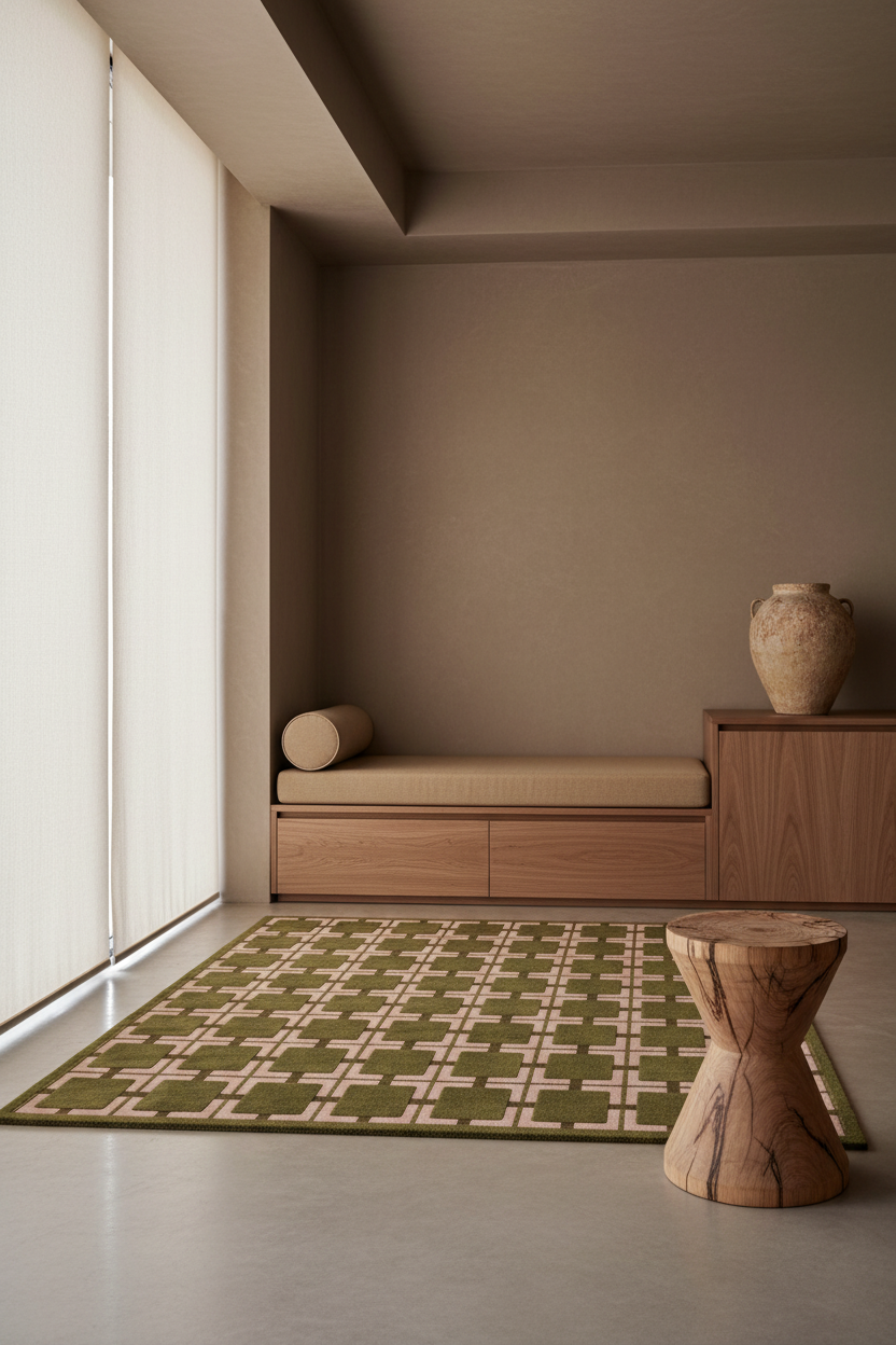 A modern interior scene featuring a rectangular area rug with a green and beige geometric lattice pattern on a light gray floor. The room has warm beige walls, a built-in wooden bench with a cushion, a wooden side cabinet with a ceramic vase, and a sculptural wooden side table.